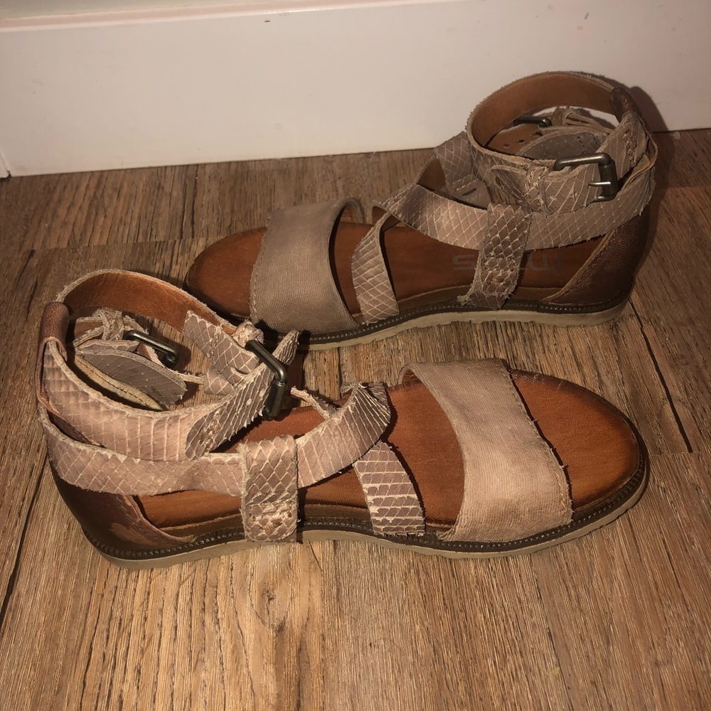 MJUS Taurus Fisherman Beige Leather Strappy Snake Print Sandals w Buckes Sz 5.5